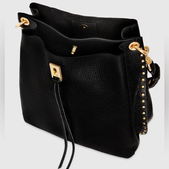 Rebecca Minkoff Black Pebbled Leather Darren Brass Studded Hobo - Picture 4 of 16